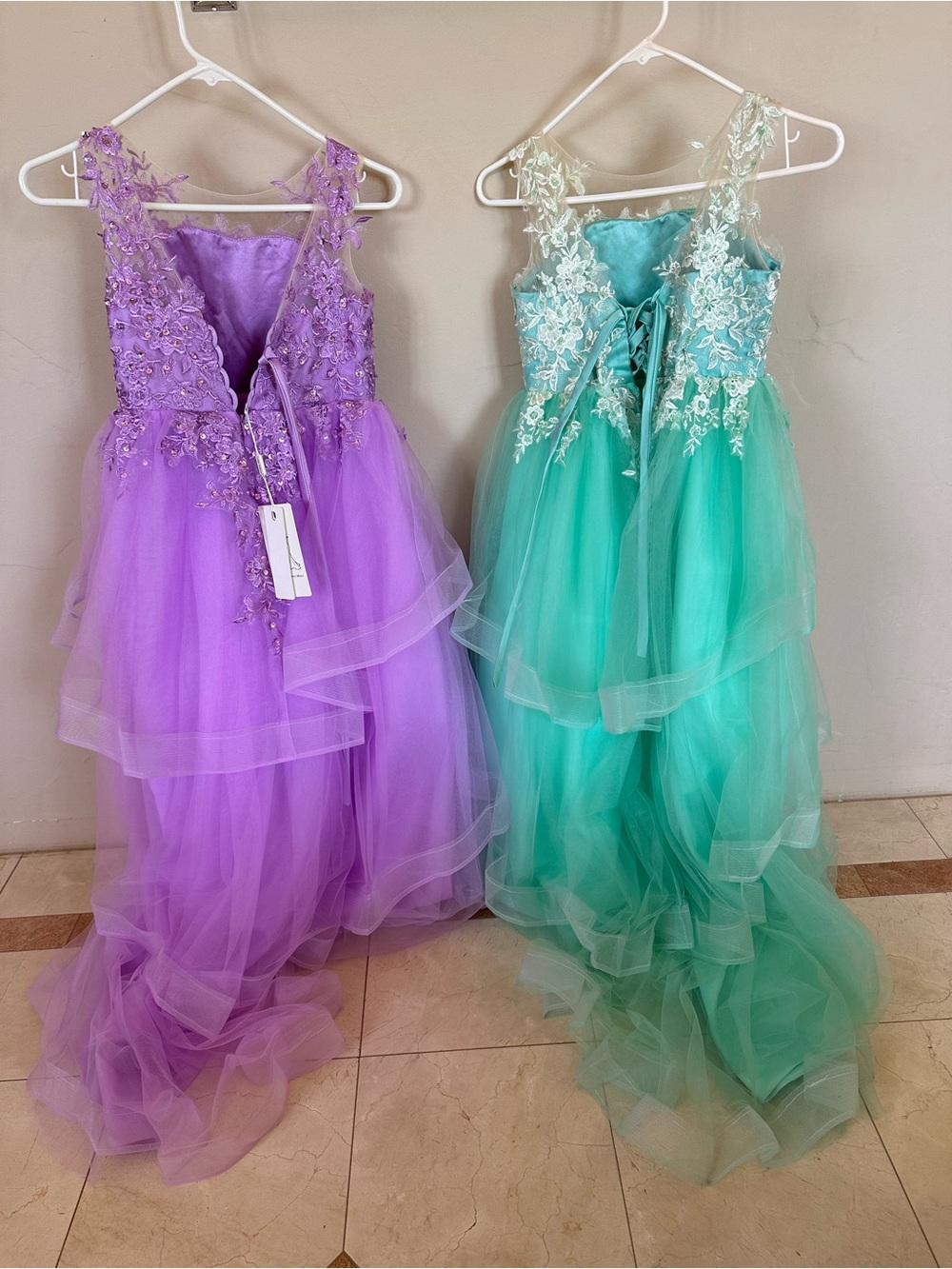 Girls Floral Appliqué Tulle Party Dress - Purple and green.